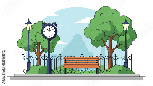 Peaceful city park landscape with wooden bench retro street lamps large outdoor clock and lush green trees in summer season.