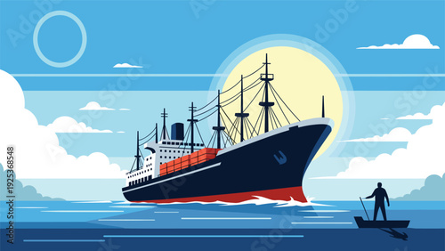 Massive cargo ship sailing across deep blue ocean waters during sunset with silhouette of small rowboat and fisherman nearby.