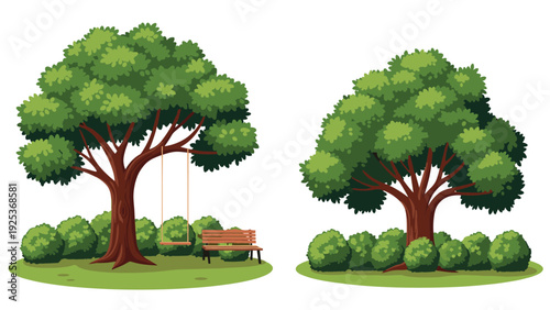 Two lush green leafy trees on grass field with wooden swing and park bench for recreation and outdoor relaxation concept.