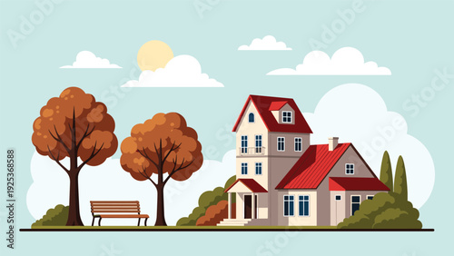 Large suburban residence with red roof surrounded by autumn trees and park bench under clear blue sky with white clouds.