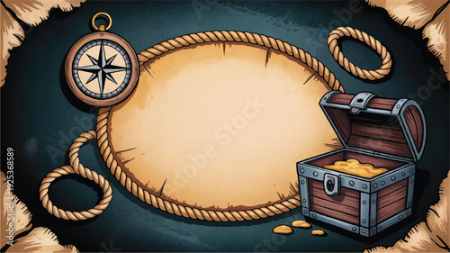 Pirate treasure elements surround a blank oval label on aged parchment with compass, chest, and rope border.