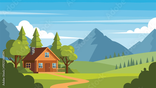 Cozy wooden log cabin located in picturesque mountain valley with green meadows and tall pine trees under bright blue sky.