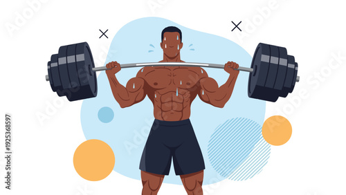 Strong muscular man lifting heavy barbell during intense bodybuilding workout in gym with abstract decorative elements.