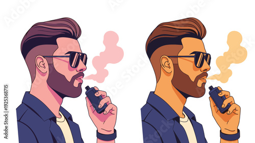 Profile view of a modern man wearing sunglasses and using a vaping device is shown in two different color palettes for comparison.