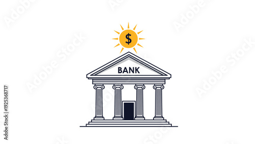 Financial institution concept displays a classical bank building with a golden dollar sign sun shining brightly above the roof.