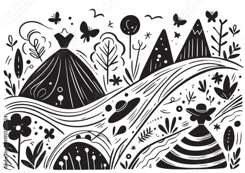 black cartoon abstract primitive flat doodles sketch spring fashion landscape