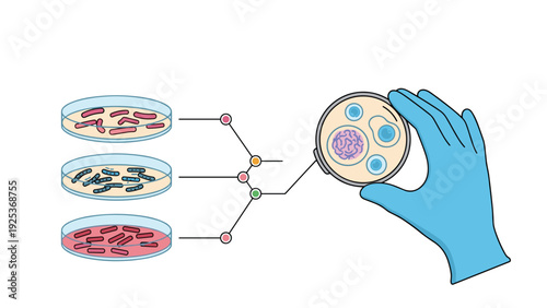 Scientific microbiology experiment shows a hand in a blue glove holding a petri dish with bacteria cultures next to other samples.