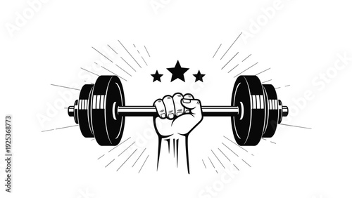 Powerful hand lifts a heavy black barbell into the air surrounded by shining rays and stars to represent strength and success.