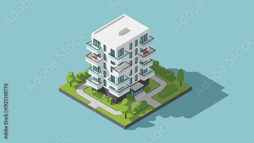 Isometric view of a contemporary white apartment building shows multiple balconies, green bushes, and pathways in a residential area.