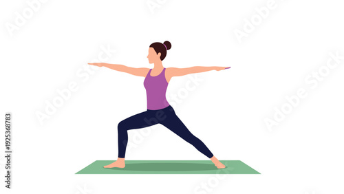 Dedicated woman practices a yoga warrior pose on a green mat against a plain white background for health and wellness themes.