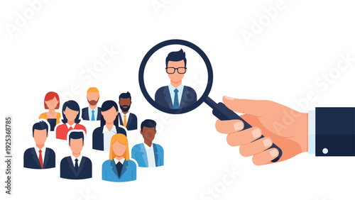 Human resources concept shows a hand holding a magnifying glass to select one candidate from a diverse group of professionals.