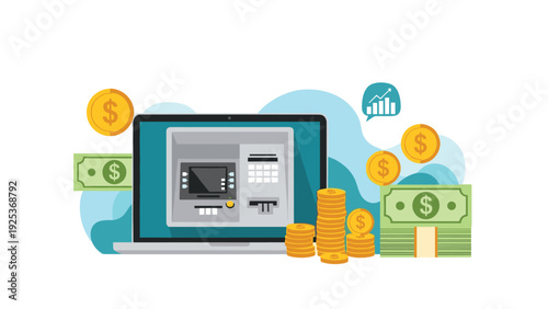 Online banking and finance concept shows a laptop with an ATM screen surrounded by stacks of coins and bundles of dollar bills.