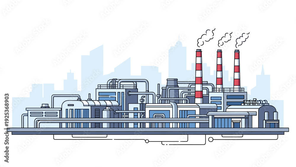 Obraz premium Large industrial factory complex with tall smoking chimneys stands against a city skyline as a symbol of manufacturing and urban industry.