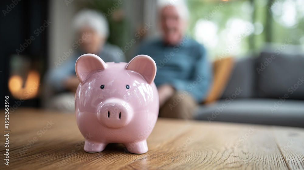 Obraz premium A picture of a piggy bank on a table, retirement planning. A blurry image of an elderly person sitting on a sofa.