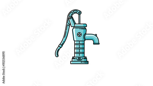 Functional teal hand water pump is shown in a clean flat style as a classic piece of agricultural and rural infrastructure equipment.