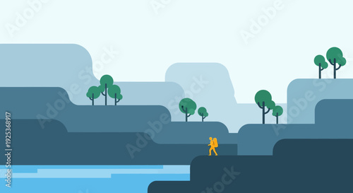A lone figure standing on a cliff edge overlooking a serene body of water.
