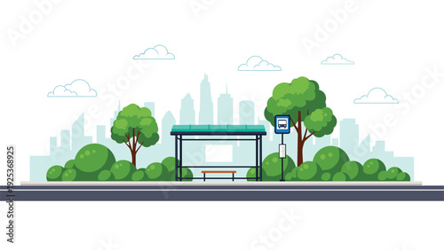 Modern urban bus stop station is situated in a green park-like setting with a clear view of the city skyline in the background.