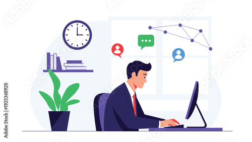 Professional man works intently at his desk in a modern office with a computer, wall clock, and various social media communication icons.