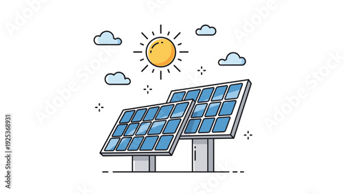Two solar panels are angled towards a bright sun in a clean sky with soft clouds to illustrate renewable and sustainable energy production.