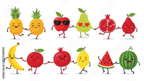 Cute collection of happy cartoon fruits holding hands including pineapple apple pear pomegranate banana and lemon.