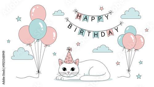 Adorable white cat wearing a party hat surrounded by colorful balloons and happy birthday banners for a celebration.