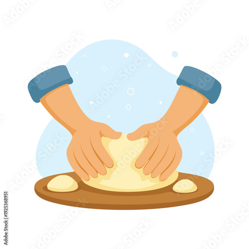 Hands kneading dough on wooden board in cartoon style