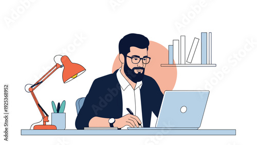 Professional man with a beard and glasses working diligently on his laptop at a desk with an orange lamp and books.