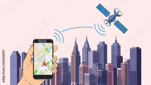 Hand holding a smartphone using a navigation app that connects to a global satellite system over a modern city skyline.