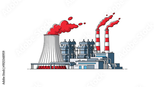 Industrial power plant with large cooling towers and tall chimneys emitting thick red smoke against a white background.
