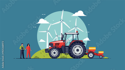 Modern agriculture concept featuring a red tractor on a green field with wind turbines and two farmers standing in front of it.