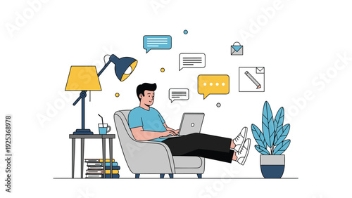 Comfortable remote worker sitting in a grey armchair using a laptop while being surrounded by floating message and email icons.