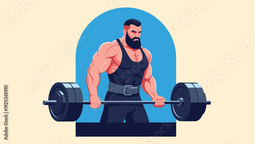 Mighty bodybuilder with a thick beard and black tank top exerts massive force to lift a heavy barbell during a weightlifting session.