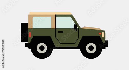 Green military jeep with canvas top and spare tire.