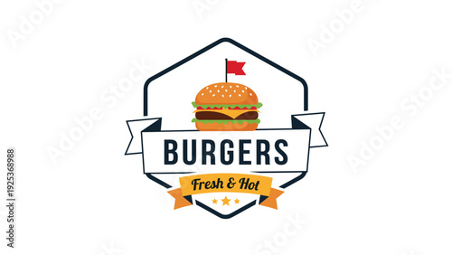 Professional burger restaurant logo design featuring a delicious hamburger icon with a red flag on top and a ribbon banner for text.