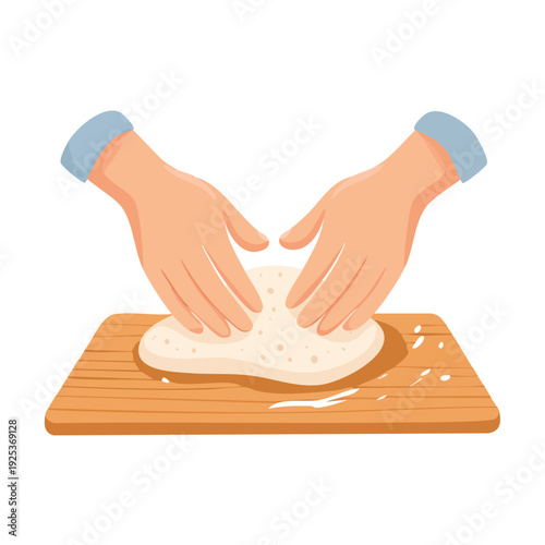 Hands kneading dough on wooden board in flat cartoon style
