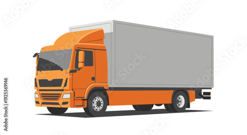 Orange delivery truck with large cargo container on white background.