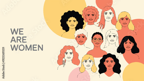 Diverse group of women faces illustration with colorful abstract shapes
