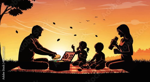 Family enjoying a picnic in the park at sunset with birds flying around them in a serene landscape
