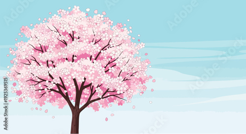 Blooming tree with pink flowers against a serene blue sky with white clouds