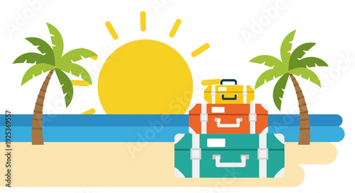 Beach Scene with Tractor and Palm Trees Under Bright Sun.