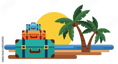 Colorful Suitcases Stacked on a Tropical Beach with Palm Trees.