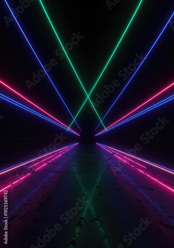 Abstract dynamic laser light beams crossing a dark void. Intense futuristic energy glow creating a geometric tunnel effect backdrop ,cyber ,vibrant ,geometric
