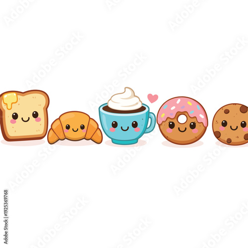Assorted baked goods and coffee with smiling faces arranged in a row.