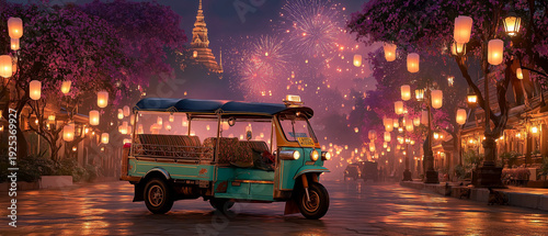 AI generator images of Tuk-tuks are a symbol of tourism in Thailand, especially during the Loy Krathong festival, which may coincide with Loy Krathong, when they are widely used by tourists.