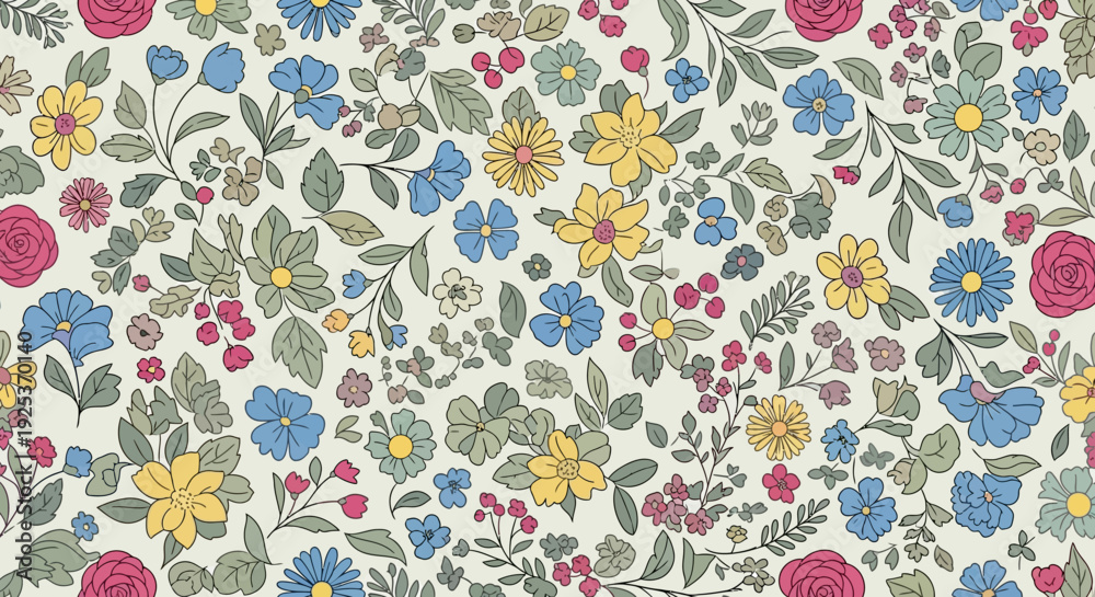 Naklejka premium Vibrant floral pattern with leaves and flowers in diverse colors and shapes, illustration, close-up view