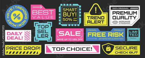Set of y2k retro future sale stickers, badges, patchs, tags collection.