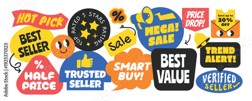 Set of trendy and groovy ssale stickers, badges, tags, patchs collection. Colorful cartoon style special offer design.