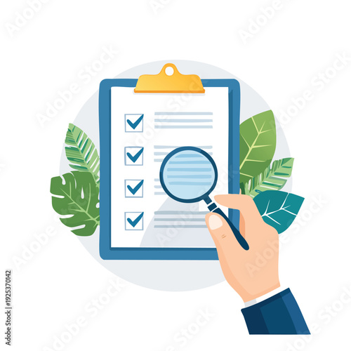 Document review with magnifying glass and check marks on a clipboard