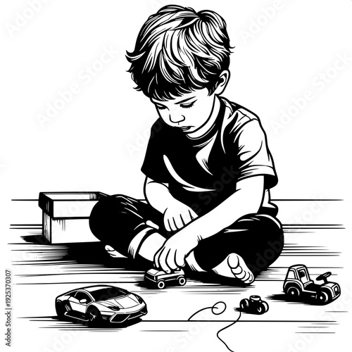 Black and White Vector SVG of a Boy Playing with a Toy Car