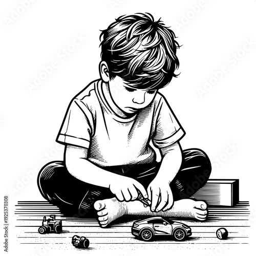 Black and White Vector SVG of a Boy Playing with a Toy Car